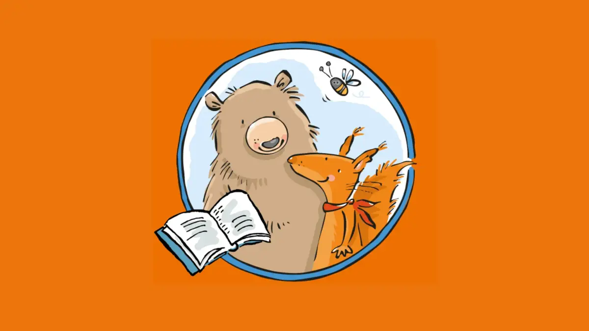Lässatsningens orange illustration med en björn, en ekorre och en bok.